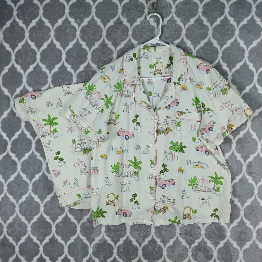 BedHead PJs Women XL Cream Poodle Print Cotton Stretch Button Up Pajama Set